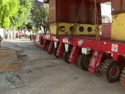 CU Shot of heavy goods transport at bridge construction / Wellen, river Moselle, Germany Stock Footage
