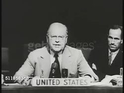 1950: WARREN AUSTIN SPEAKS: U.S. Delegate to the United Nations Warren Austin (SOT) sitting in U.N. 'This is the first time enforcement action has been taken by United Nations...United States support of peacemaking functions of United Nations.' Instructional Video