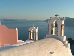 WS View of church bell at village Oia with Ocean / Santorini, Cyclades, Greece Stock Footage