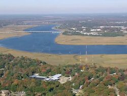 WS AERIAL bridge on Ashley River / South Carolina, United States Stock Footage