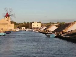 Mozia (Motya), salt pools wind windmills in the production area, Marsala Stock Footage