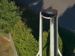 MS AERIAL ZO DS Shot of Old Olymic Flame structure / New York, United States Stock Footage