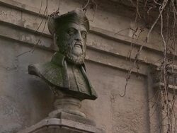 Ivy sways near a bust of Nostradamus above the Nostradamus Fountain at Saint Remy de Provence in France. Stock Footage