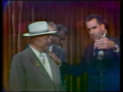 1959 Nikita Khrushchev + Richard Nixon having animated argument in "Kitchen Debate" / Moscow Stock Footage