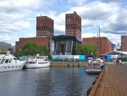 WS View of Oslo City Hall with harbour / Oslo, Norway Stock Footage