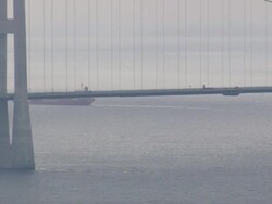 WS AERIAL PAN View of Great Belt Bridge / Zealand, Denmark Stock Footage