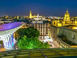 HD Timelapse: Seville Cityscape Spain at night from Metropol Parasol Stock Footage