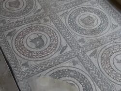 Piazza Armerina (villa Romana del Casale), quadrangular peristyle, mosaic with medallions with figures and flowers Stock Footage