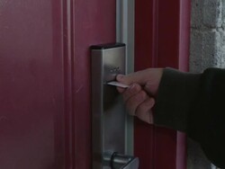 CU Man unlocking hotel room door with key card and entering / Campton, Kentucky, United States Stock Footage