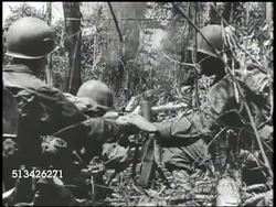 1944: ADMIRALTY ISLAND CAMPAIGN: VS U.S. Marines fighting, firing rifles, in forest area of Los Negros Island, firing mortars & M1919 Browning machine guns. World War II, WWII, Pacific Front, New Guinea Instructional Video