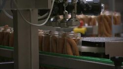Fluid fills jars of frankfurters on an assembly line. Stock Footage