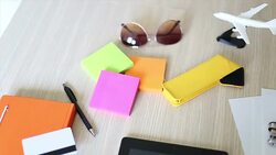 Wood desk and office supplies Stock Footage