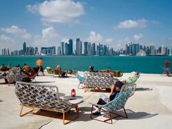 Qatar, Middle East, Arabian Peninsula, Doha, new skyline of the West Bay central financial district of Doha Stock Footage