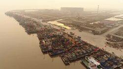 Aerial View of Fishing Boats in China Stock Footage