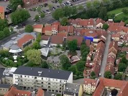 WS AERIAL ZI ZO View of Hans Christian Andersens House / Fyn, Denmark Stock Footage
