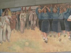  CU PAN Old wall paintings of German Democratic Republic at German ministry of finance and Leipziger Strasse street / Berlin, Germany Stock Footage