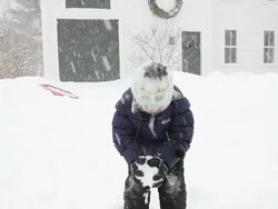 MS TD Boy playing with snow during snowstorm  / Yarmouth, Maine, USA Stock Footage