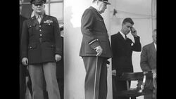 Churchill and Stalin standing on porch of Soviet Embassy at Tehran Conference during World War II News Clip