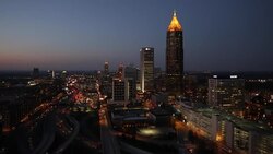 Elevated view over traffic and the Midtown Atlanta skyline, Georgia, United States of America Stock Footage