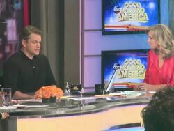 Matt Damon (The Monuments Men) and Lara Spencer talking on the Good Morning America show set Stock Footage