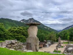 Rear View of Mireungniseokjoyeolaipsang(Standing Stone Statue, Korea Treasure 96) in Mireukdaewonji(Korea Historic Place 197) Stock Footage