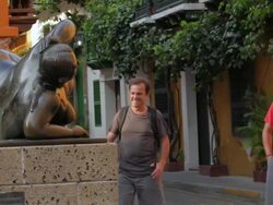 MS TS Travelers taking photo at fernando botero sculpture / Cartagena, Bolivar, Colombia    Stock Footage