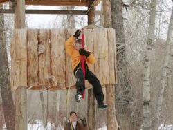 MS PAN Young boy riding on zip-line / Sun Valley, Idaho, United States Stock Footage