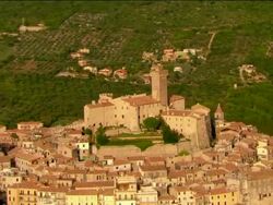 Aerial view of the circular layout of the hilltop town of Palombara / Lazio, Italy Stock Footage