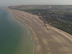 AERIAL, Town along beach, Wissant, Pas de Calais, France Stock Footage