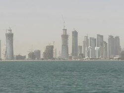 MS View of water and skyline of city / Doha, Qatar Stock Footage