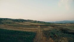 Aerial panorama over green fields farms summer Stock Footage