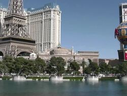 View of The Strip over lake at Bellagio Resort in Las Vegas Stock Footage