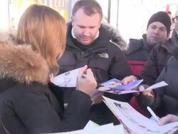 Brie Larson signs for fans at the Ski Lift in Park Stock Footage