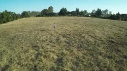 AERIAL WS woman running in a field, suburbs in background Stock Footage