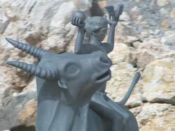 CU AERIAL Shot of Zeus statue with Europa / Agios Nikolaos, Crete, Greece Stock Footage