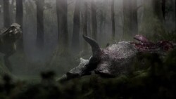 A Tyrannosaurus Rex in a forest feeds on a carcass in a computer-generated animation. Stock Footage