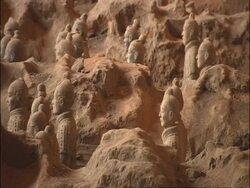 MS Terracotta Warriors standing amidst unexcavated earth, Museum of Qin, Xian, China Stock Footage