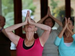 MS PAN TU TD Group of adults doing yoga in studio / Richmond, Virginia, United States Stock Footage