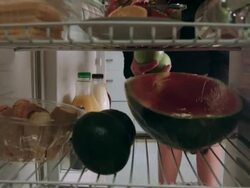 Woman puts watermelon into fridge and takes lemons Stock Footage