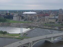 WS PAN View of city skyline and mississippi river / Minneapolis, Minnesota, United States  Stock Footage