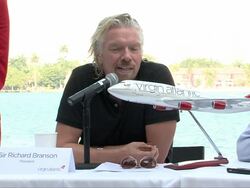 Richard Branson in serious mode as he talks about fuel prices Stock Footage