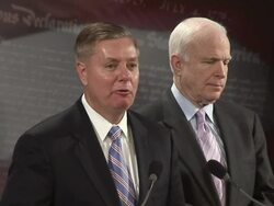 June 2009 MS Senator Lindsey Graham with John McCain and Joseph Liebrman discussing the Victims of Iranian Censorship (VOICE) Act and criticising the Obama administration's policy on the post-election unrest in Iran / Washington D.C. /June 25, 2009 / AUDIO Stock Footage