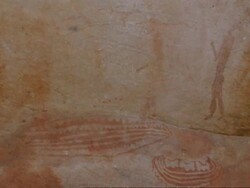 Rock painting: men and boat, Namaqualand, South Africa Stock Footage