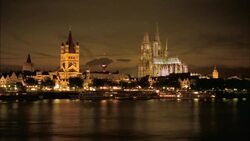 Lights shine on the Cologne Cathedral and Great St. Martins Church. Stock Footage
