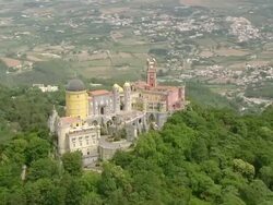 WS AERIAL DS ZO View of National Palace / Sintra, Lisboa, Portugal Stock Footage