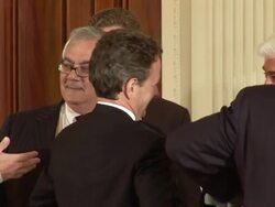 June 17, 2009 MS Senator Chris Dodd, Representative Barney Frank and Treasury Secretary Timothy Geithner and others talking in the East Room after President Obama's address on the economy / Washington, DC / AUDIO Stock Footage