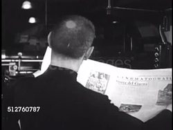 1940: VATICAN CITY: NEWSPAPER: L' Osservatore Romano newspaper press running, VS Priest standing, checking paper, worker gathering folded copies, men carrying papers out of building offices. Instructional Video