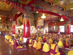 WS Young men chanting Buddhist religion chant together  at Kopan monastery  / Kathmandu, Central, Nepal Stock Footage