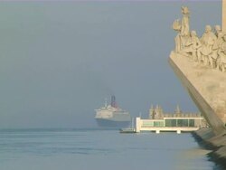 WS View of Padrao dos Descobrimentos at Belem with ship moving in background / Lisbon, Portugal Stock Footage