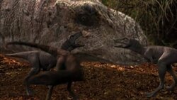 An adult Tyrannosaurus rex defends her young from an encroaching predator. Stock Footage